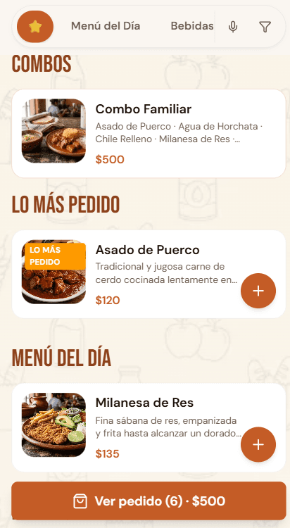 Menú digital demo en iPhone SE: combos, platillos y barra Ver pedido